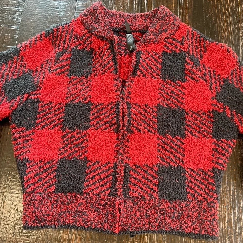 SKIMS Cozy Knit Sweater Red Black Full Zip Brick Buffalo Check Plaid L/XL